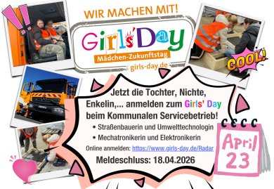Girls´Day - Anmeldung beim Kommunalen Servicebetrieb Koblenz bis zum 18.04.2026 möglich Girls´Day - Anmeldung beim Kommunalen Servicebetrieb Koblenz bis zum 18.04.2026 möglich