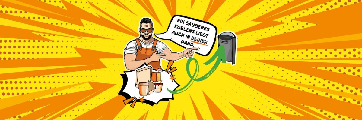 Slider Kampagnenseite Stadtsauberkeit, Reiner der Straßenreiniger Slider Kampagnenseite Stadtsauberkeit, Reiner der Straßenreiniger, sagt: Ein sauberes Koblenz liegt auch in deiner Hand.