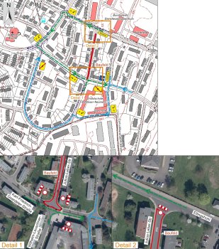 Umleitungsplan Julius-Leber-Straße Stadtplanausschnitt mit eingezeichnetem Baufeld in der Julius-Leber-Straße und Umleitungsstrecken