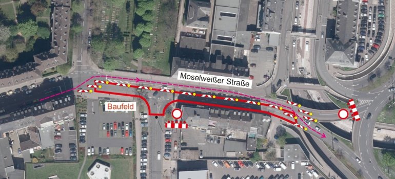 Plan Moselweißer Straße Detail südlicher Sperrung Luftbild Moselweißer Straße mit Baufeld und Absperrungen