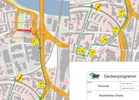 Plan Moselweißer Straße mit Umleitungen Stadtplanauszug von der Moselweißer Straße mit Umleitungsbeschilderung