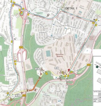 Stadtplanausschnitt Koblenz Horchheim mit eingezeichneten Umleitungen