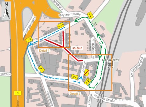 Stadtplanauszug der Antoniusstrasse mit ausgeschilderter Umleitung