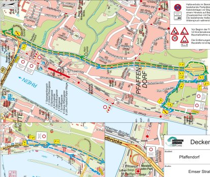 Stadtplanausschnitt Pfaffendorf mit Baufeld und Umleitungsstrecke