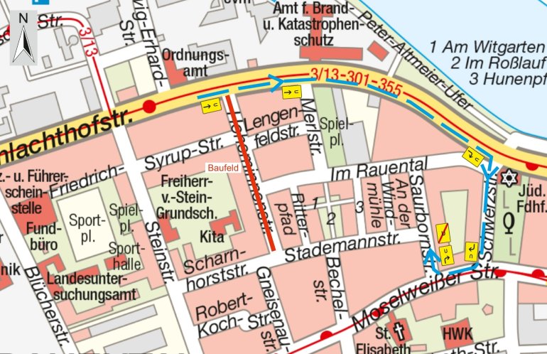 Stadtplanausschnitt Hoheminnenstraße mit Umleitungsstrecke