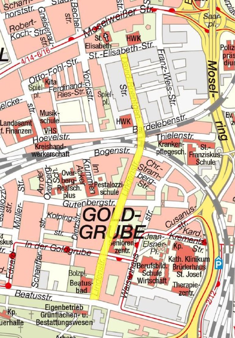 Stadtplanausschnitt Lindenstraße mit eingezeichnetem Bereich der Markierung