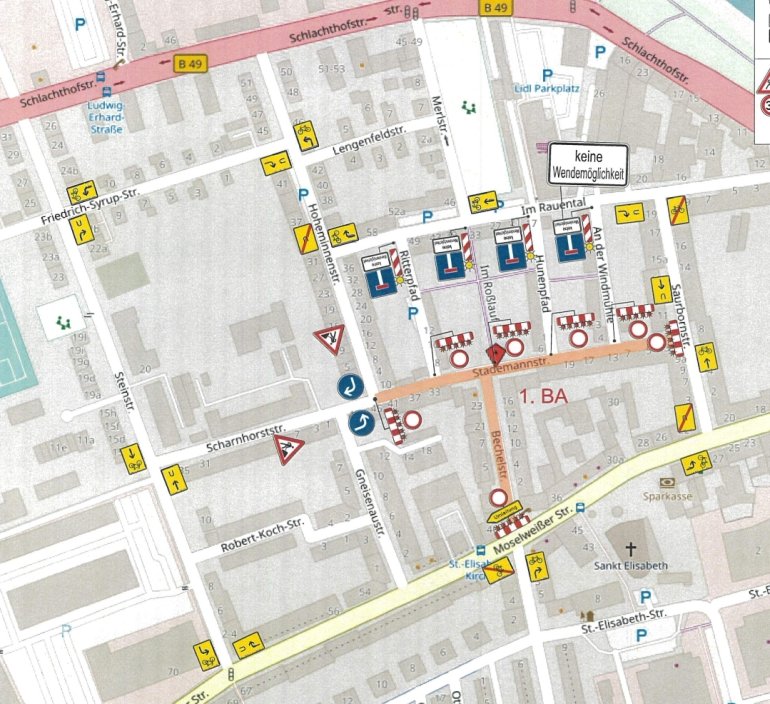 Stadtplanausschnitt mit eingezeichnetem Baufeld und Umleitungsstrecke