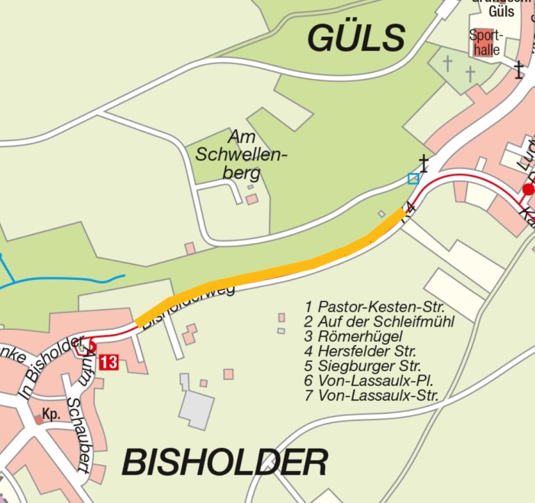 Stadtplanausschnitt von Bisholder mit eingezeichnetem Baufeld