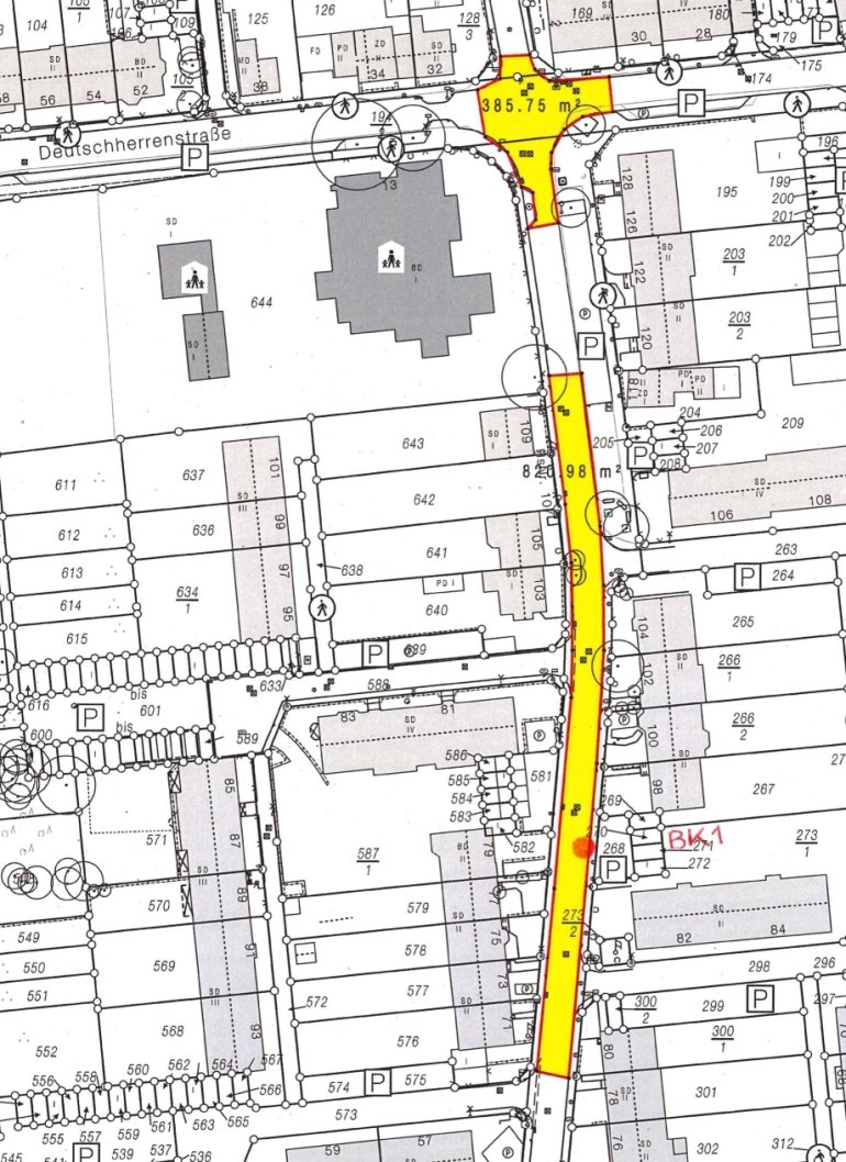 Lageplanausschnitt mit eingezeichnetem Baufeld in der Langenaustraße und der Kreuzung der Deutschherrenstraße