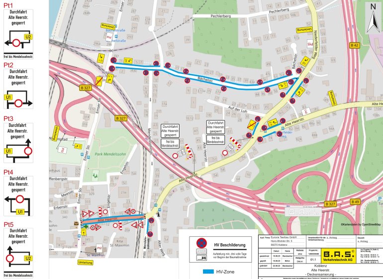 Stadtplanausschnitt mit eingezeichnetem Baufeld und Umleitungen