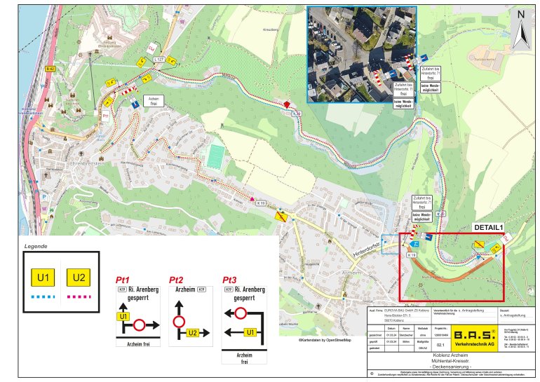 Lageplanausschnitt mit eingezeichneter Umleitung und Baufeld