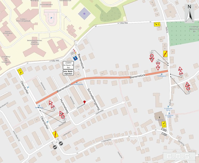 Kartenausschnitt der Straße "Bienenstück" mit eingezeichnetem Baufeld