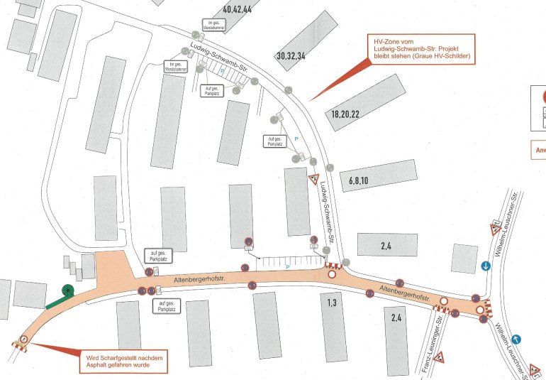 Planausschnitt der Altenbergerhofstraße mit eingezeichnetem Baufeld