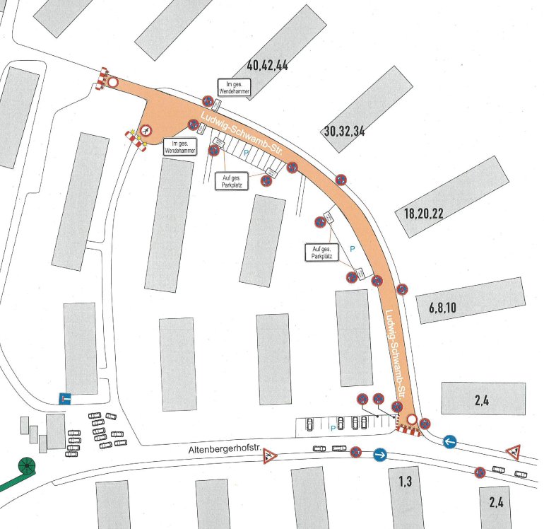 Lageplanausschnitt der Ludiwig-Schwamb-Straße mit eingezeichnetem Baufeld