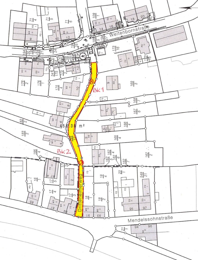 Lageplanausschnitt vom Dritteneimerweg mit eingezeichneter Fläche der zur erneuernden Oberfläche