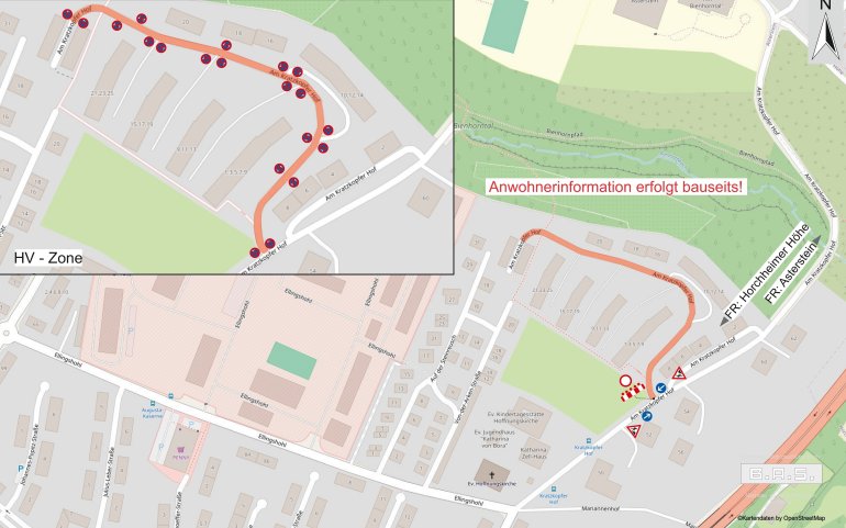 Lageplan mit eingezeichneten Baufeld und Beschilderung