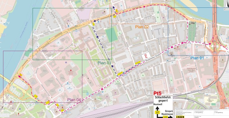 Stadtplanausschnitt mit eingezeichneten Umleitungen