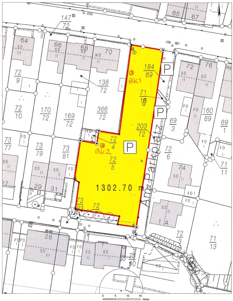 Baustelle am Parkplatz in Arenberg mit eingezeichnetem Baufeld