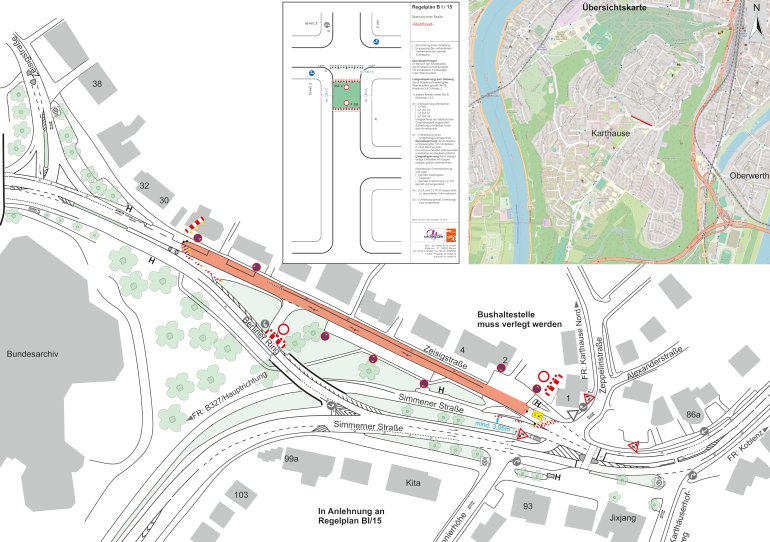 Stadtplanausschnit der Zeisigstraße mit eingezeichnetem Baufeld und Verkehrssicherung