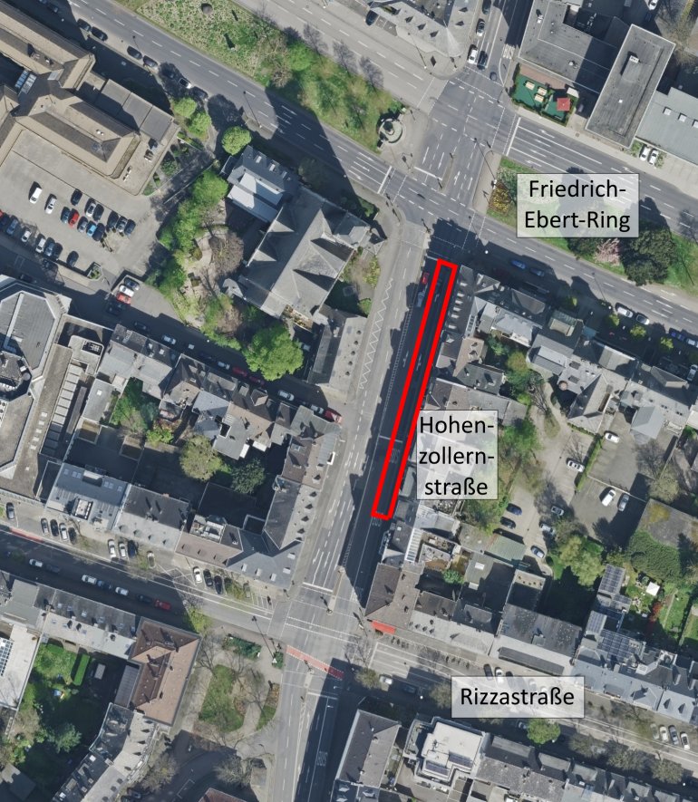 Luftbildausschnitt der Hohenzollernstraße zwischen Rizzastraße und Friedrich-Ebert-Ring mit eingezeichnetem Baufeld