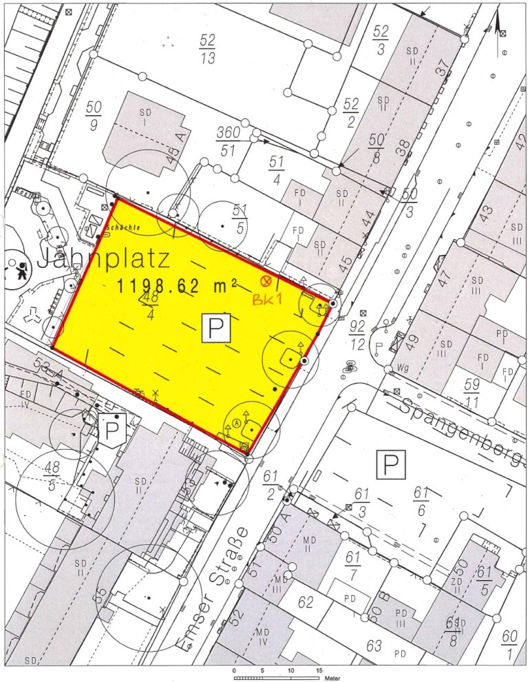 Baustelle am Jahnplatz mit eingezeichnetem Baufeld