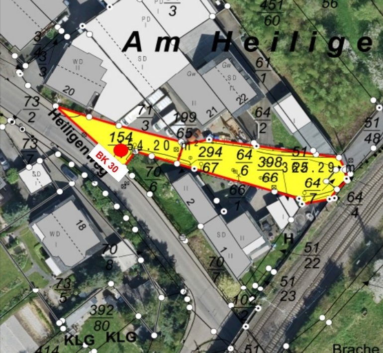 BAustelle Heiligenweg Stadtplanausschnitt mit eingezeichnetem Baufeld bei den Häusern 21 und 22