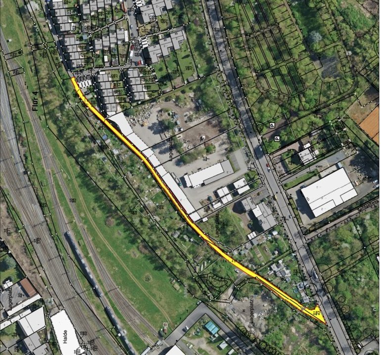 Baustelle Johannes-Junglas-Straße Stadtplanausschnitt mit eingezeichnetem Baufeld zwischen der Beatusstraße und der Hausnummer 45