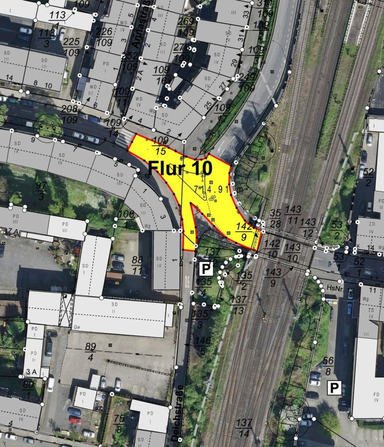 Luftbildausschnitt mit eingezeichnetem Baufeld