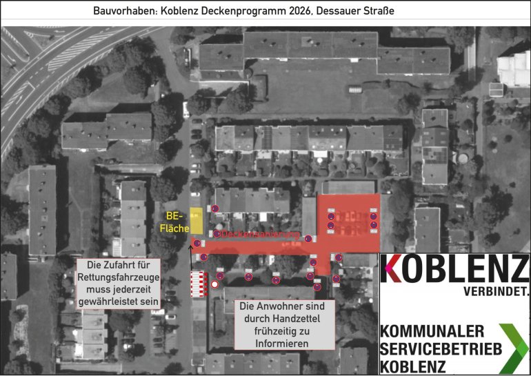 Baustelle Dessauer Straße Luftbild der Dessauer Straße mit eingezeichnetem Baufeld