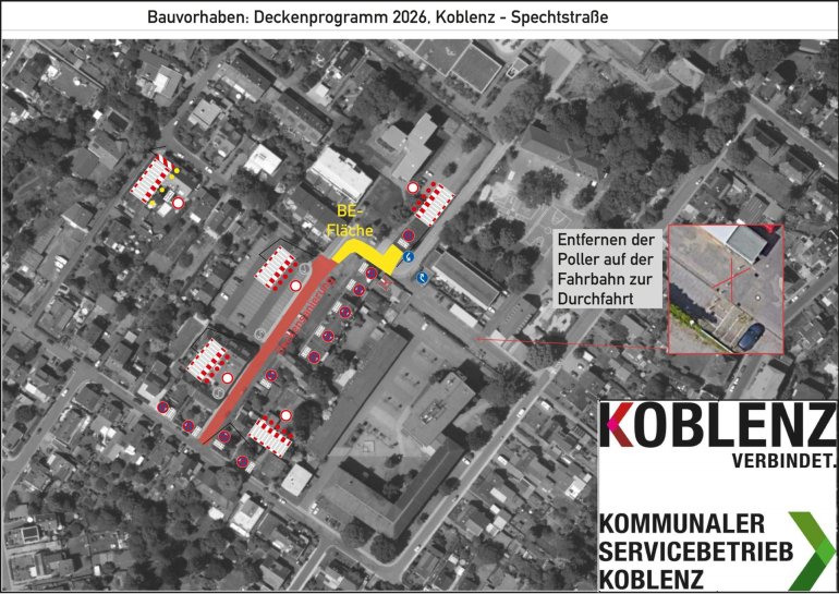 Baustelle Spechtstraße Luftbild der Spechtstraße mit eingezeichnetem Baufeld