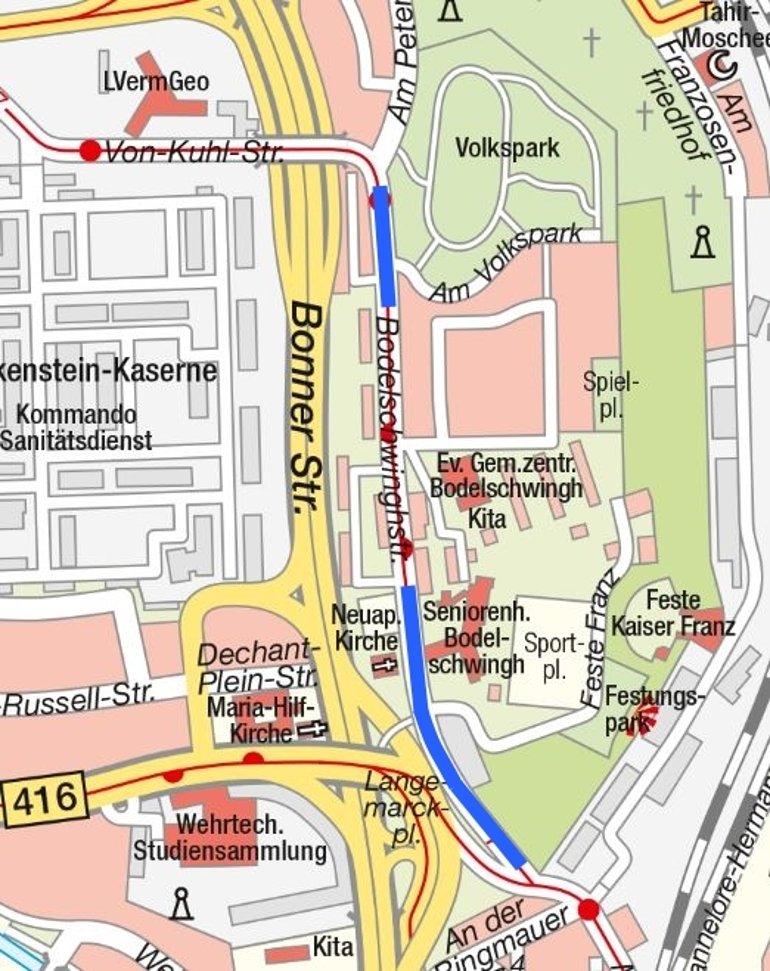 Stadtplanausschnitt der Bodelschwinghstraße mit eingezeichnetem Baufeld